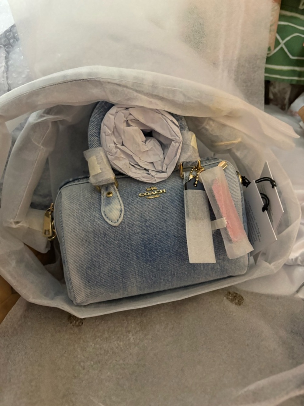 NWT. MINI Coach Loved Denim Rowan Satchel. And extra new dice charm